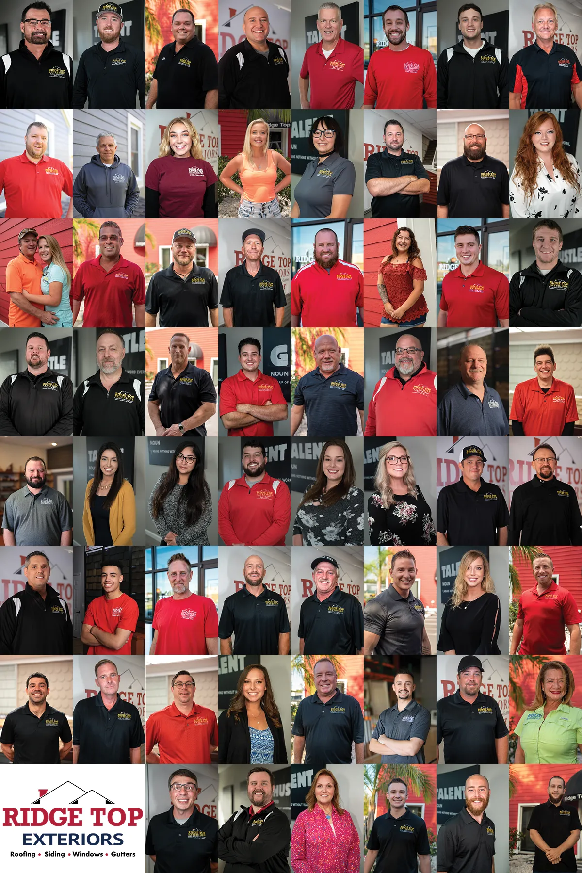 Collage of diverse Ridge Top Exteriors team members in branded apparel and company logo featuring roofing, siding, windows, and gutters services.